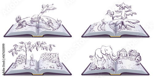 Set open book fable illustration