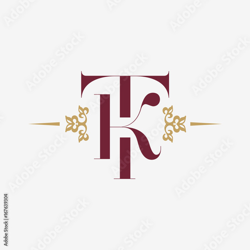 Logo monogram with letter T and letter K in vintage style with ornament. Monogram Initial TK vector company logotype design template.