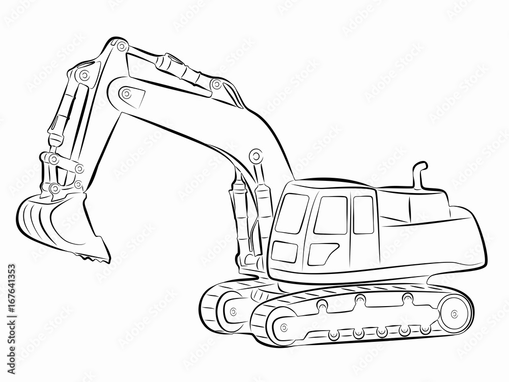 Sticker Drawing: black-and-white sketch of excavator - PIXERS.NET.AU