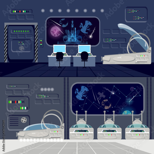 Space travel to other planets banner. Cryogenic cameras, deep space interior of interstellar ship. Technologies of future, colonization of Universe