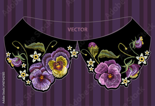 Embroidery to collar violets flower. Classical embroidery beautiful flowers of violet on black background. Fashionable design of clothes, t-shirt design