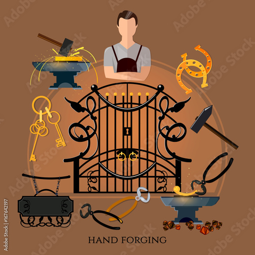 Professional smith vector. Forging on gland, creation of iron fencings and fences. Iron works. Blacksmith hammer and anvil, work in smithy