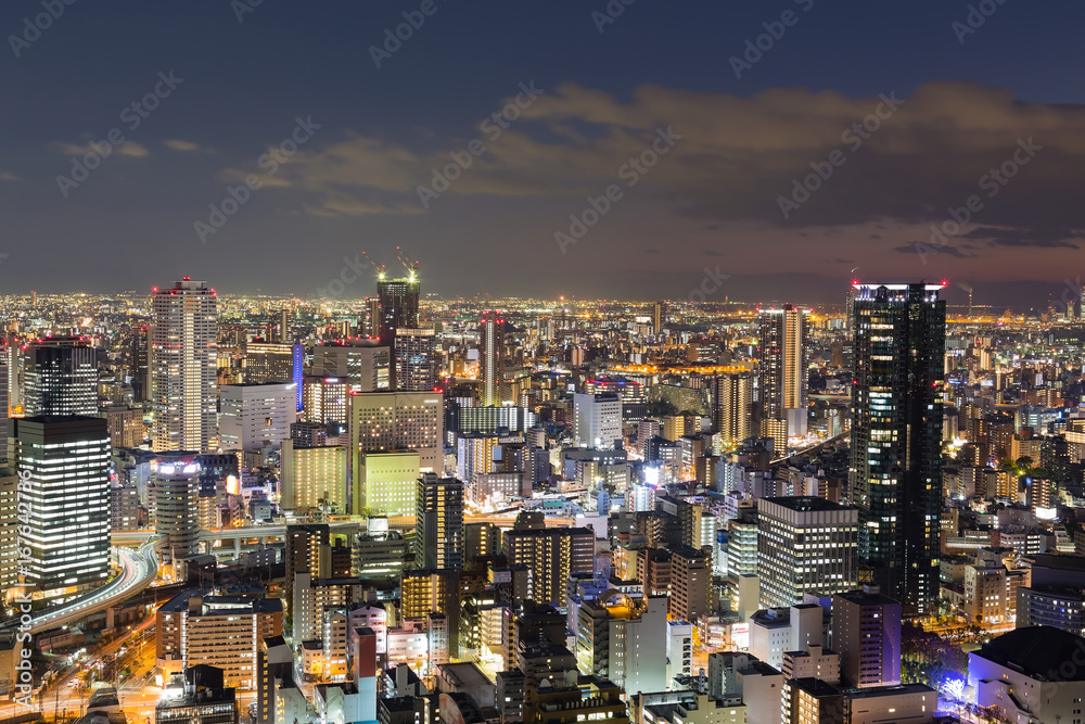 City downtown night lights, Osaka cityscape background, Japan