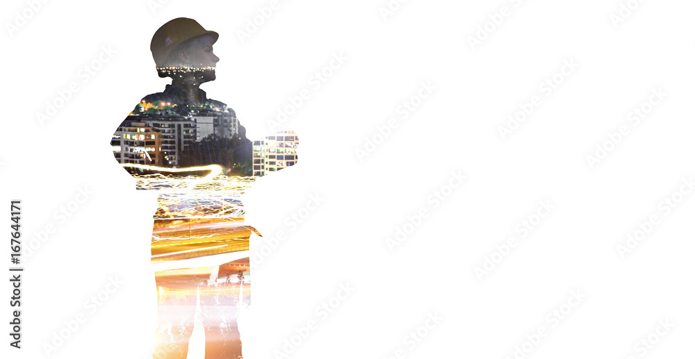 Engineer woman and cityscape. Mixed media Engineer woman and cityscape. Mixed media