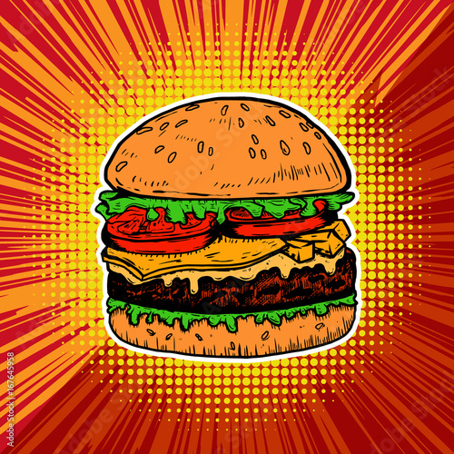 Burger illustration on pop art style background.