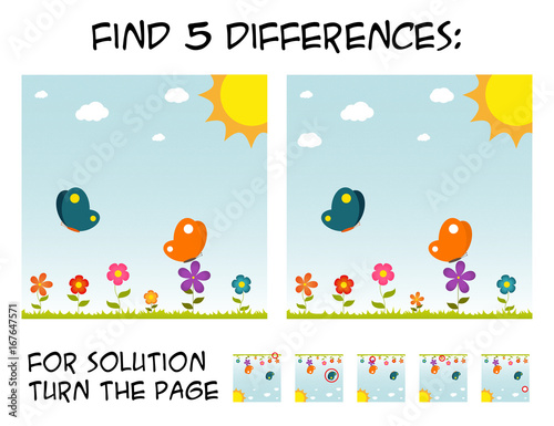Child game - find 5 differences in pictures; with step by step solution; picture with butterflies and flowers during sunny day