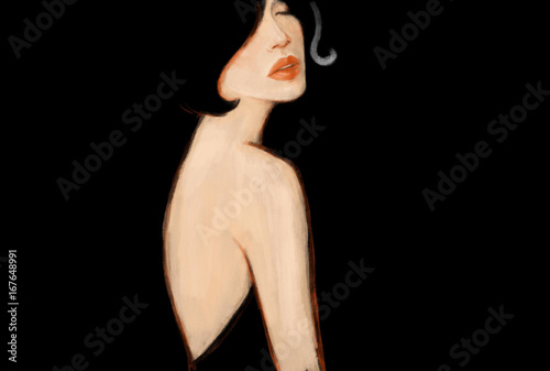 Beautiful woman in black dress. Fashion illustration. Watercolor painting 