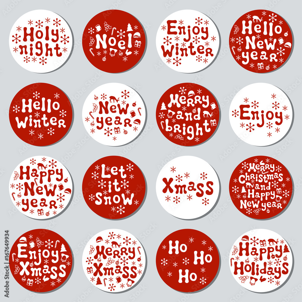 Obraz premium Christmas New Year gift round stickers. Labels xmas set. Hand drawn decorative element. Collection of holiday christmas stickers in red white. Texture. Vector illustration. Lettering, calligraphy.