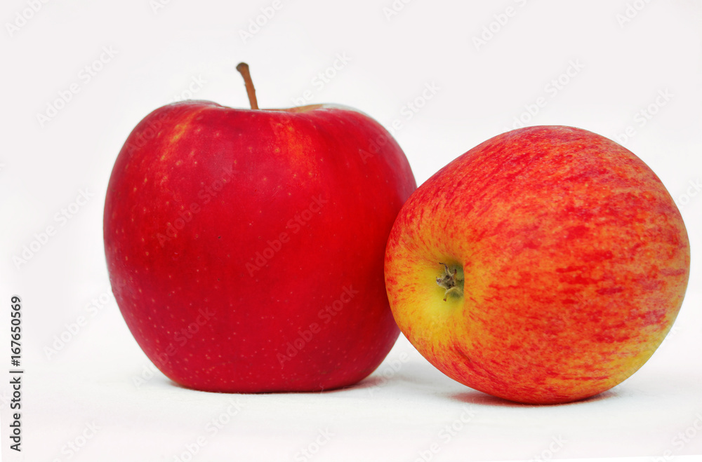 Two apples, red and red-yellow on a light gray background