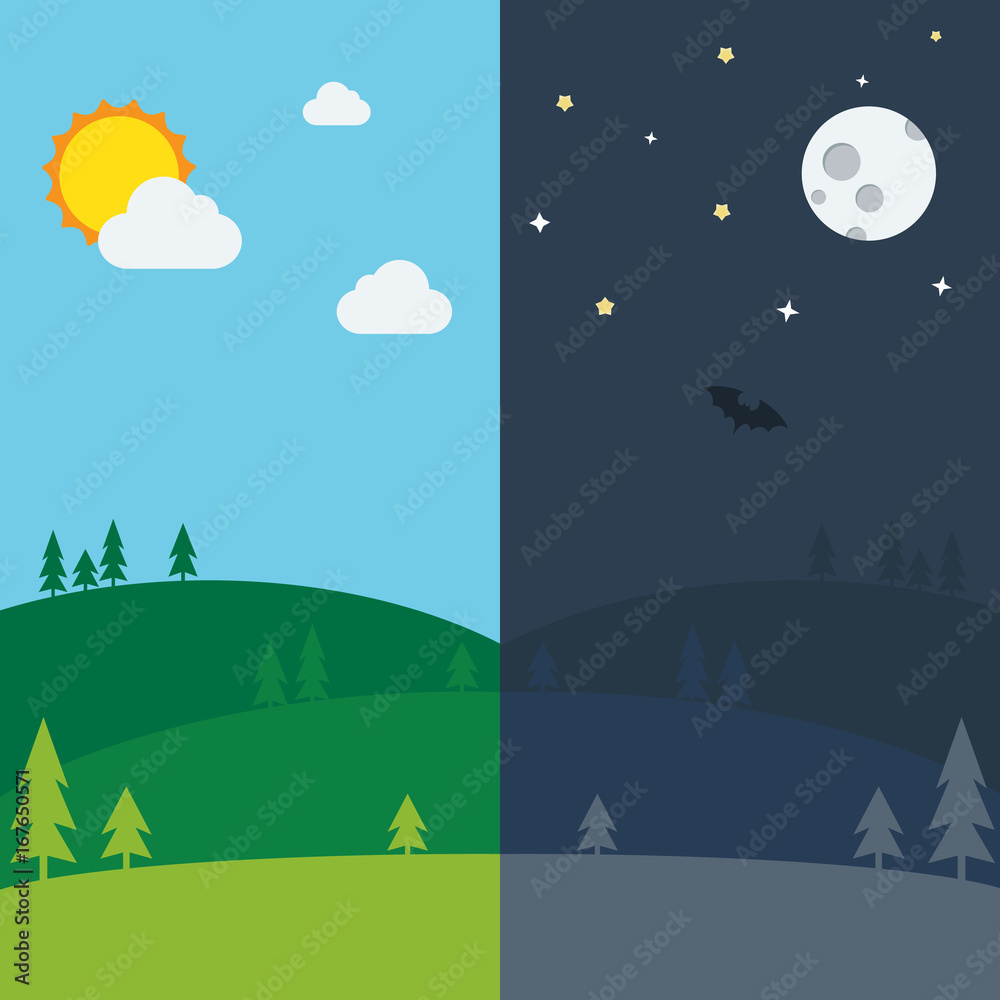 Equinox half day half night. Day and Night background with landscape vector illustration.