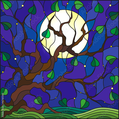 Illustration in stained glass style with tree on sky background with the stars and moon