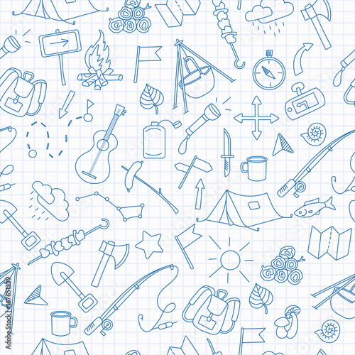 Seamless background with simple hand-drawn icons on the theme of camping and traveling, blue contour icons on the clean writing-book sheet in a cage