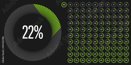 Set of circular sector percentage diagrams from 0 to 100 ready-to-use for web design, user interface (UI) or infographic - indicator with green