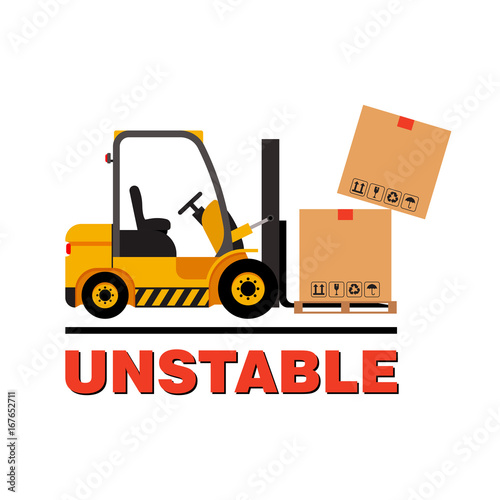 Vector forklift truck moving dropping cardboard boxes.
