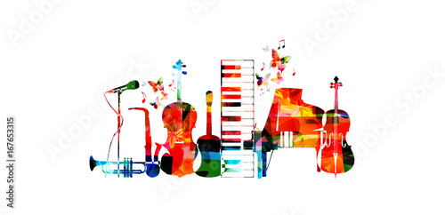 Music poster with music instruments. Colorful microphone, piano, saxophone, trumpet, violoncello, contrabass and guitar isolated vector illustration design