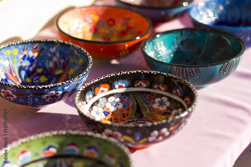 Traditional turkish ceramic dishes and tableware from the market Traditional turkish ceramic dishes and tableware from the market