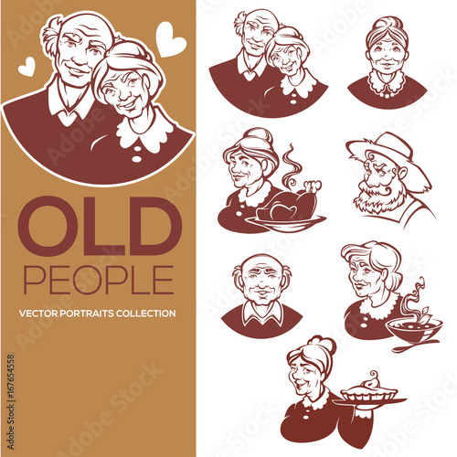 large vector collection of happy old people portraits for your logo, label, and emblems