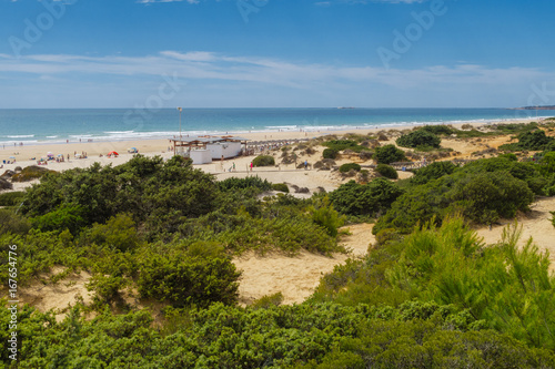 Sand dunes between hotels and beach of La Barrosa in Sancti Petri  Cadiz  Spain