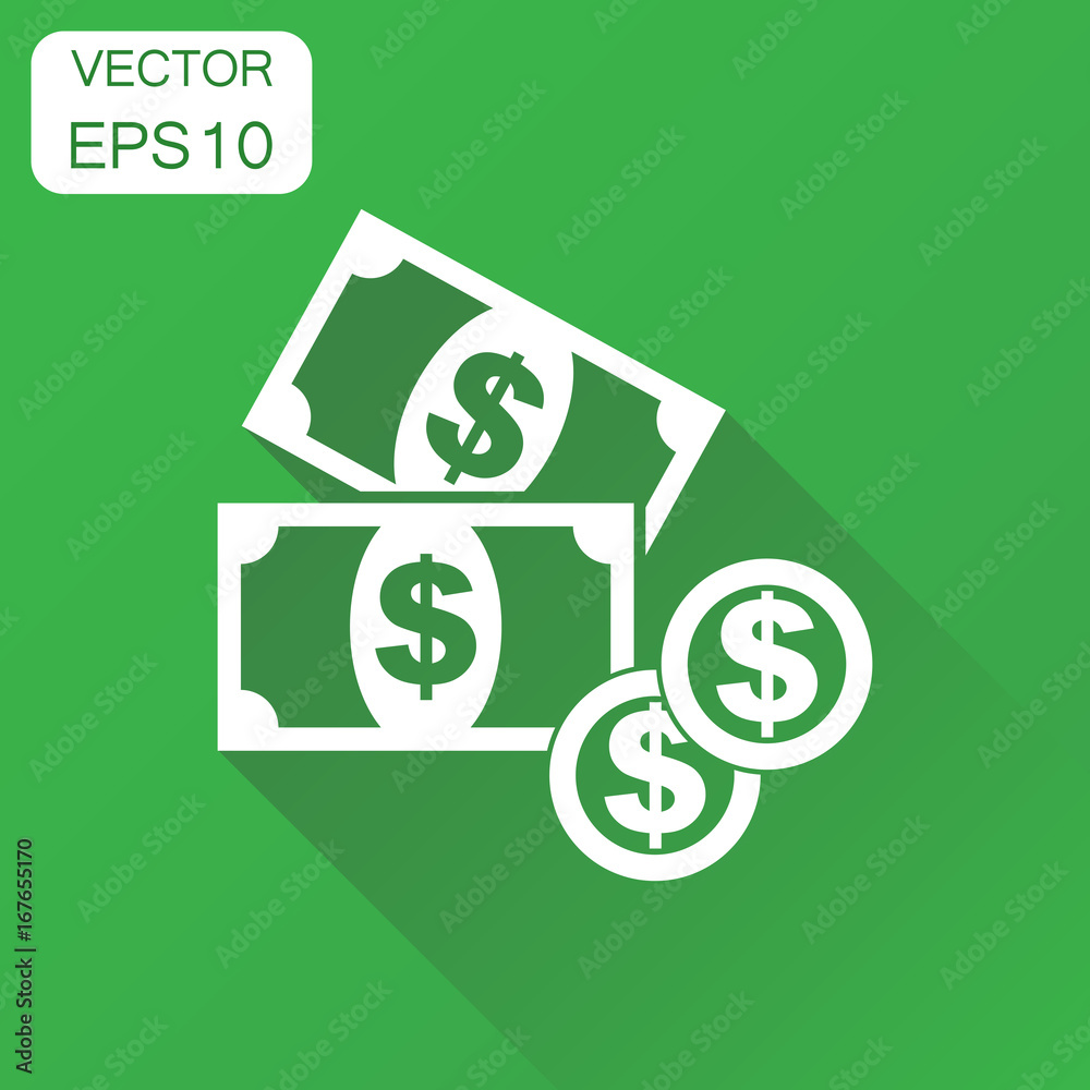 Money dollar icon. Business concept money coins pictogram. Vector illustration on green background with long shadow. Money dollar icon. Business concept money coins pictogram. Vector illustration on green background with long shadow.
