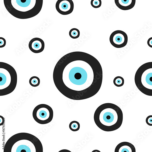 seamless tileable texture with greek evil eye in black and turquoise colors - symbol of protection