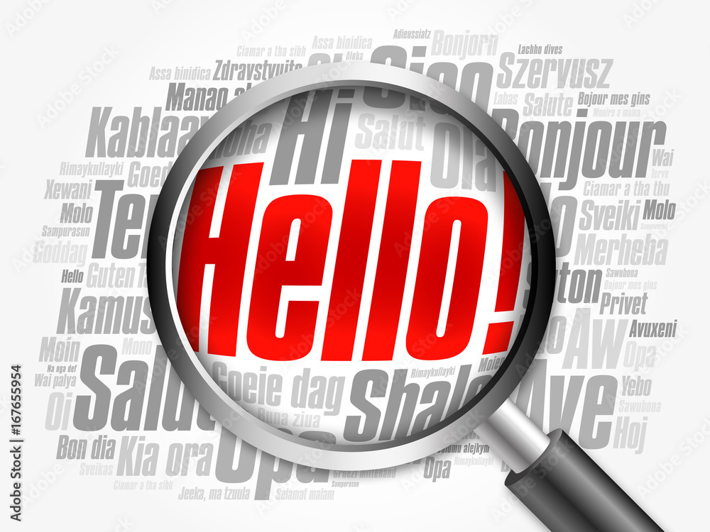 Hello word cloud in different languages of the world with magnifying glass, background concept 3D illustration Hello word cloud in different languages of the world with magnifying glass, background concept 3D illustration