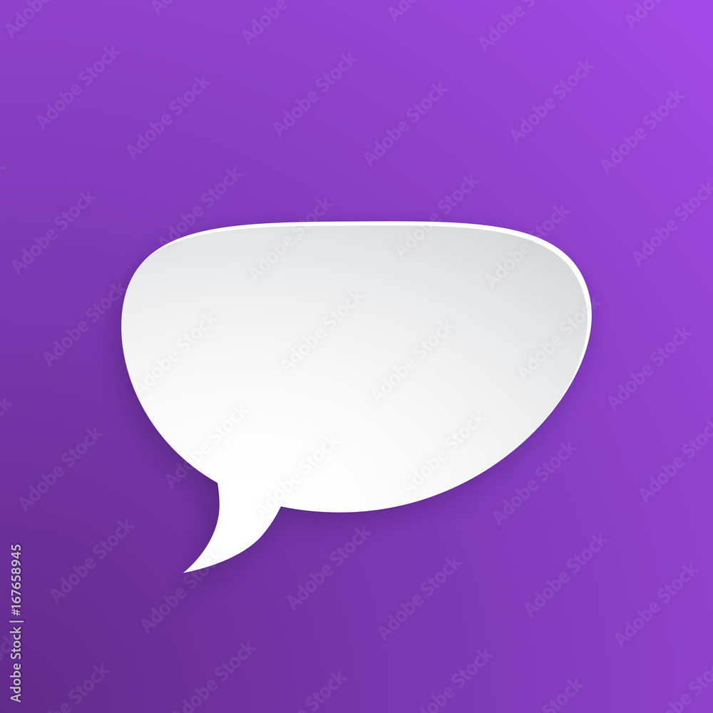 Vector illustration. Comic speech bubble for talk crooked at oval shape in paper version. Empty shape in flat style for chat dialogs. Isolated on violet background Vector illustration. Comic speech bubble for talk crooked at oval shape in paper version. Empty shape in flat style for chat dialogs. Isolated on violet background