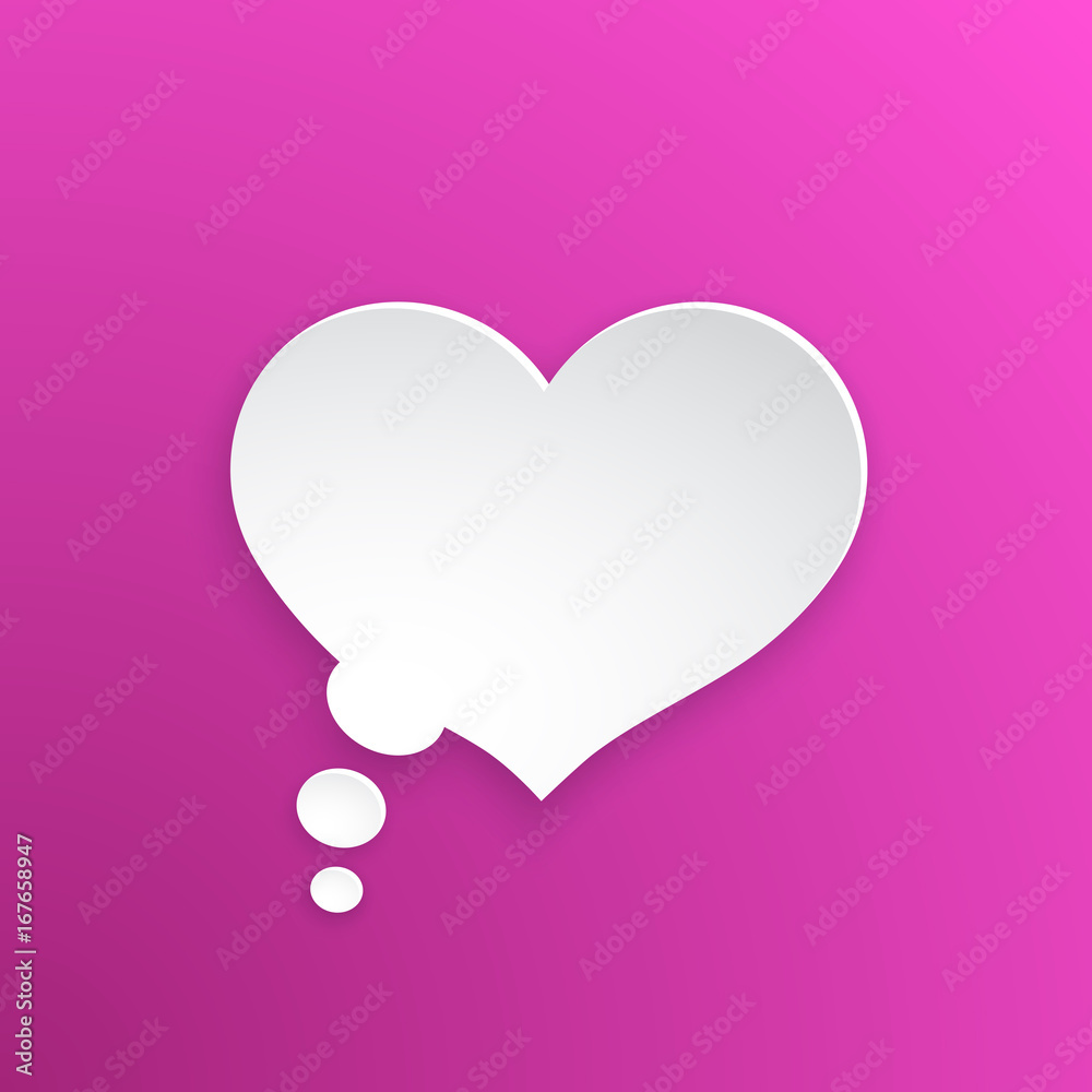 Vector illustration. Comic speech bubble for thoughts at heart shape in paper version. Empty shape in flat style for chat dialogs. Isolated on pink background