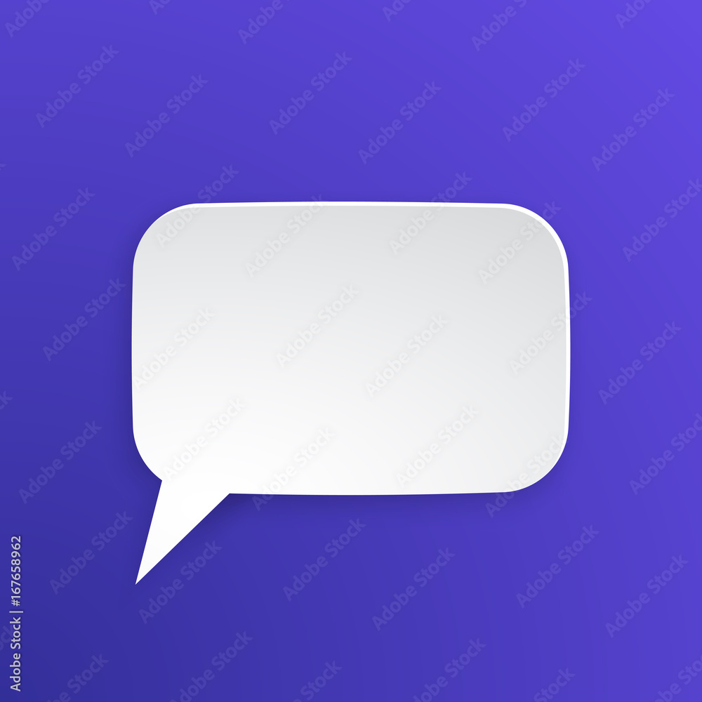 Vector illustration. Comic speech bubble for talk at rectangular shape in paper version. Empty shape in flat style for chat dialogs. Isolated on violet background Vector illustration. Comic speech bubble for talk at rectangular shape in paper version. Empty shape in flat style for chat dialogs. Isolated on violet background