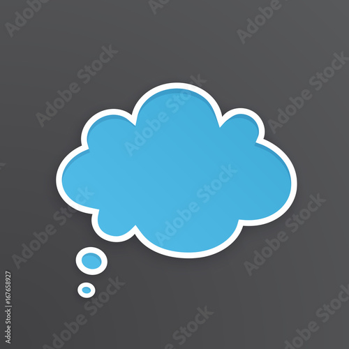 Vector illustration. Blue comic speech bubble for thoughts at cloud shape with white contour. Empty shape in flat style for chat dialogs. Isolated on black background