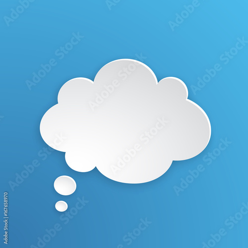 Vector illustration. Comic speech bubble for thoughts at cloud shape in paper version. Empty shape in flat style for chat dialogs. Isolated on blue background