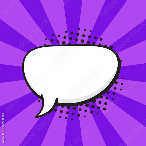 Vector illustration. Comic speech bubble of talk crooked oval shape in pop art style. Empty element with contour for your dialogs. Isolated on violet background with rays