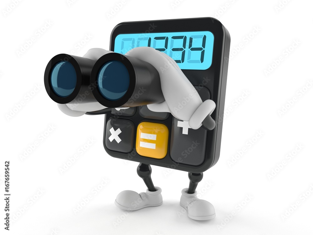 Fototapeta premium Calculator character looking through binoculars