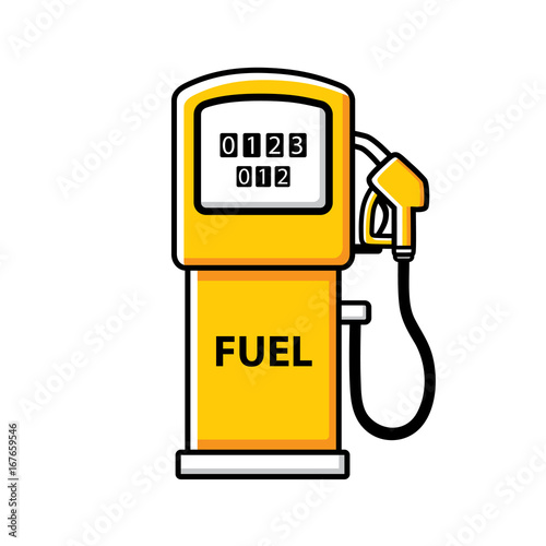 Yellow gasoline fuel pump isolated. Gas or petrol filling station vector icon.
