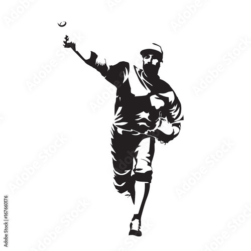 Pitcher throwing ball, baseball player, abstract vector silhouette