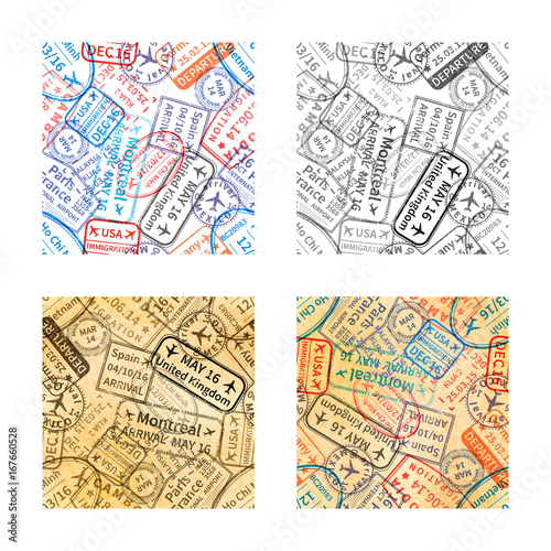 Set of International travel visa rubber stamps imprints seamless patterns on white