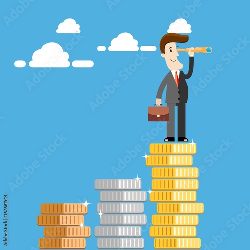 businessman standing on the coin, searching for opportunities. Business concept