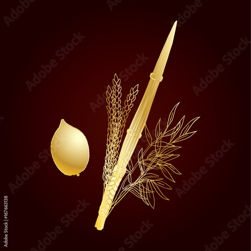 Sukkot background. Jewish traditional four species lulav, etrog for Jewish Holiday Sukkot. Gold texture Vector Jewish new year. Autumn Festival. Rosh Hashanah Israel Sukkah