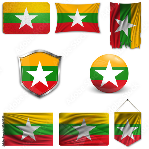 Free Download Set of the national flag of Myanmar in different designs on a white background. Realistic vector illustration. - GFXLoad
