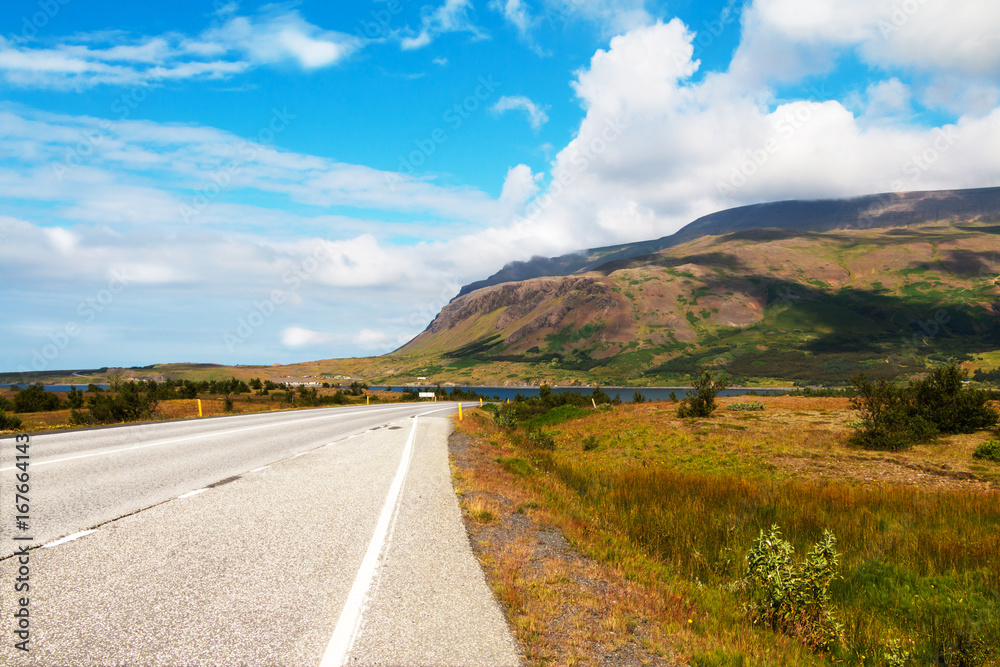 Fototapeta premium Beautiful icelandic deserted roadway along ocean fiord and green hills. Copy space.