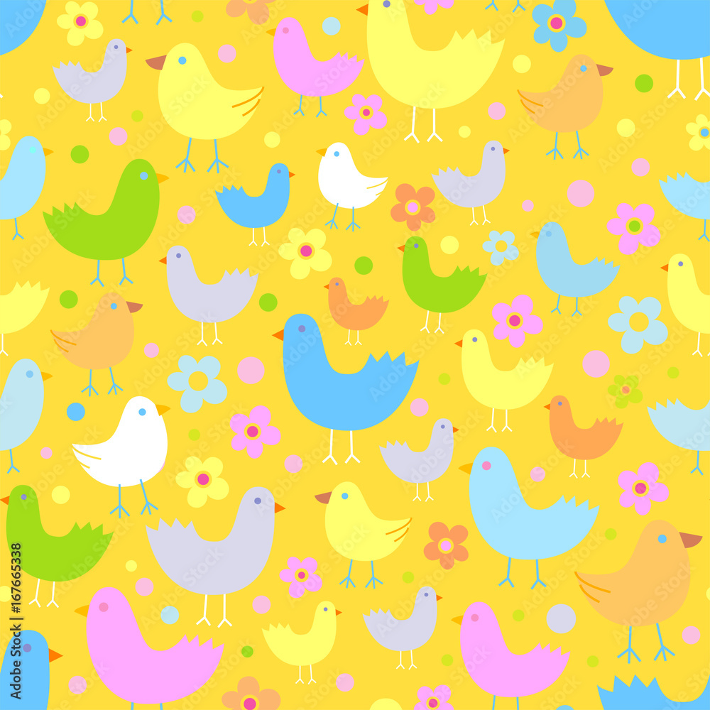 Seamless pattern with cute funny cartoon birds.