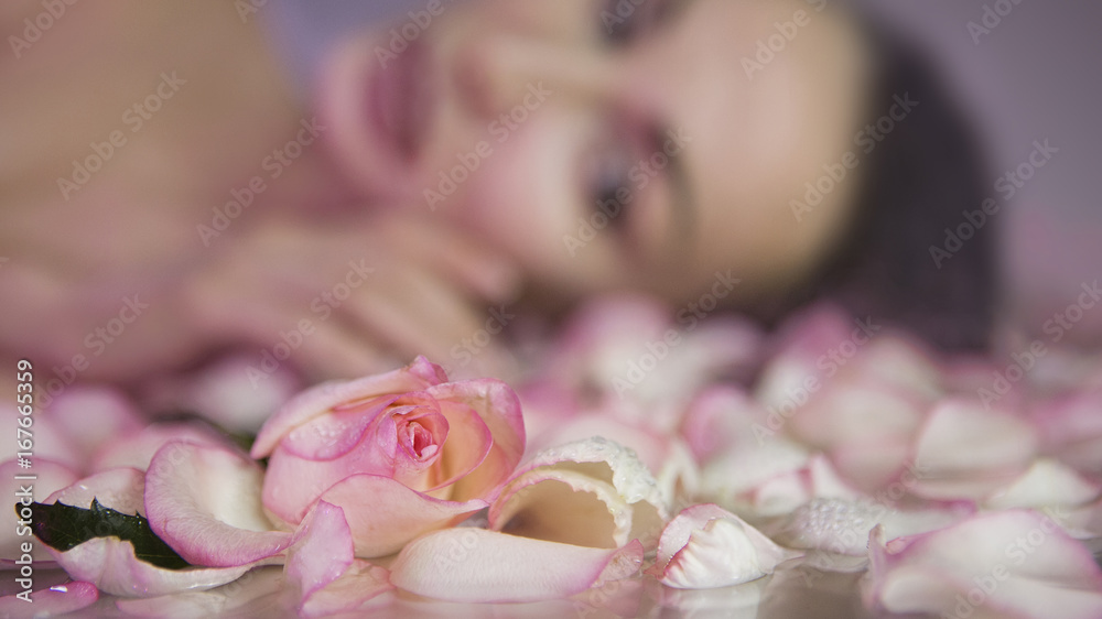 Fresh Rose petals and pink rosebud. Blurred Woman face with clean Healthy skin on background Fresh Rose petals and pink rosebud. Blurred Woman face with clean Healthy skin on background