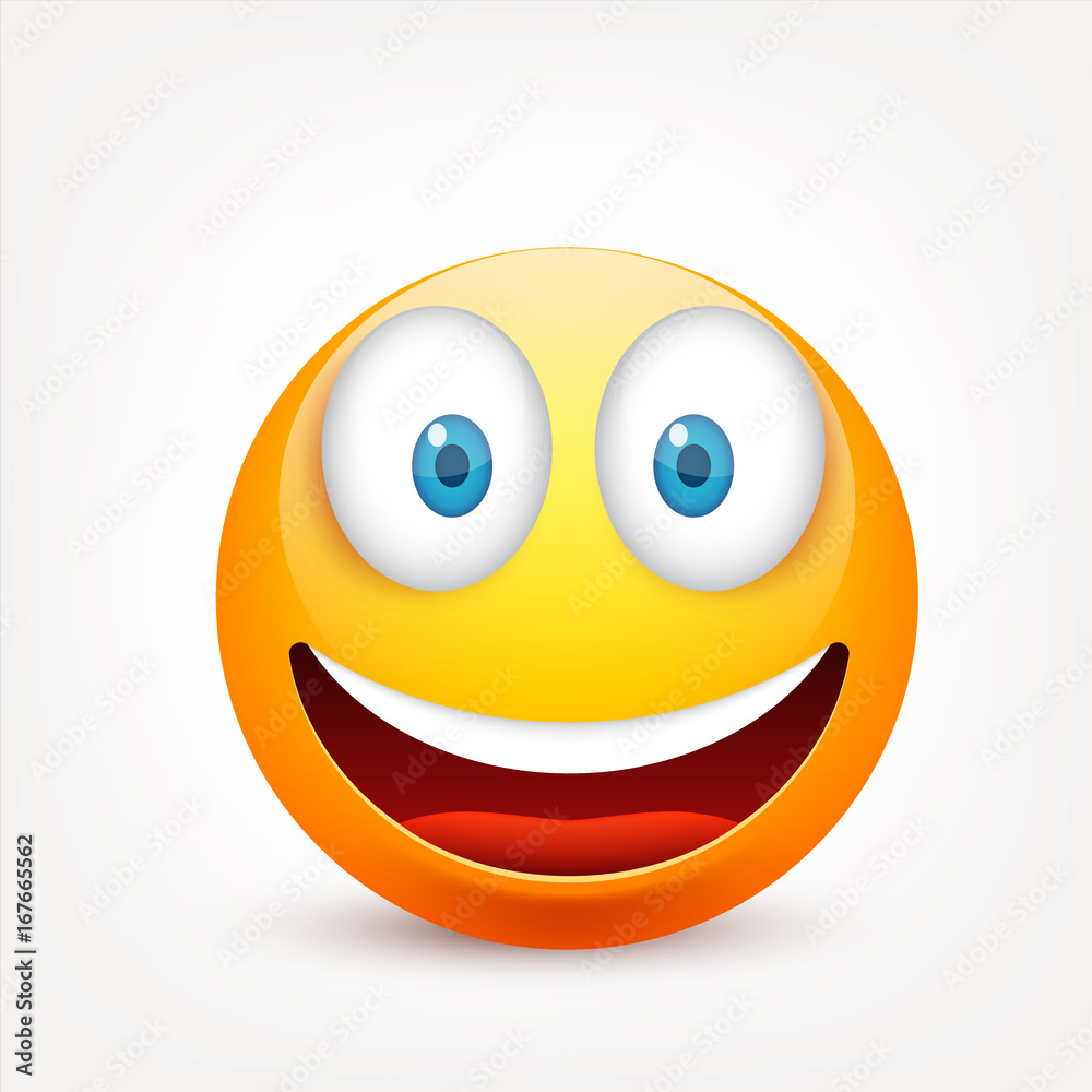 Smiley with blue eyes,emoticon. Yellow face with emotions. Facial expression. 3d realistic emoji. Sad,happy,angry faces.Funny cartoon character.Mood.Vector illustration.