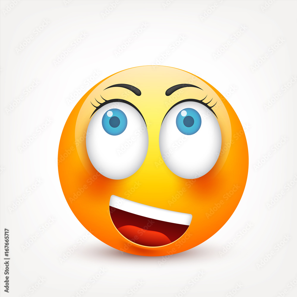 Fototapeta premium Smiley with blue eyes,emoticon. Yellow face with emotions. Facial expression. 3d realistic emoji. Sad,happy,angry faces.Funny cartoon character.Mood.Vector illustration.