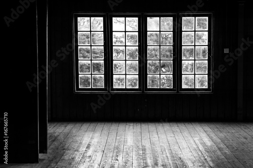 Wooden floor room Against Windows and Outside Light