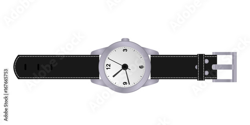 Wristwatch with a black leather strap isolated on a white background. Vector illustration.