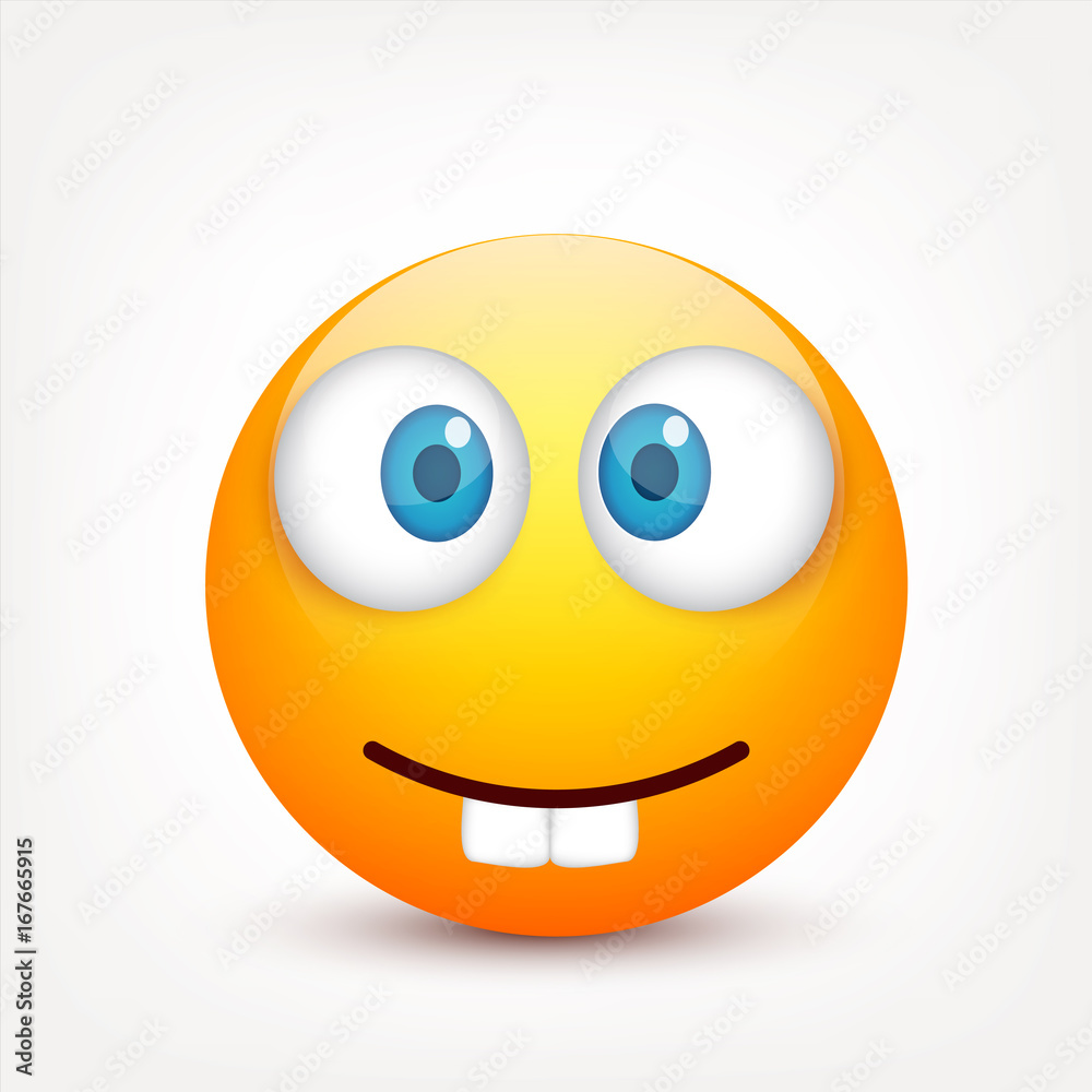 Smiley with blue eyes,emoticon. Yellow face with emotions. Facial expression. 3d realistic emoji. Sad,happy,angry faces.Funny cartoon character.Mood.Vector illustration.