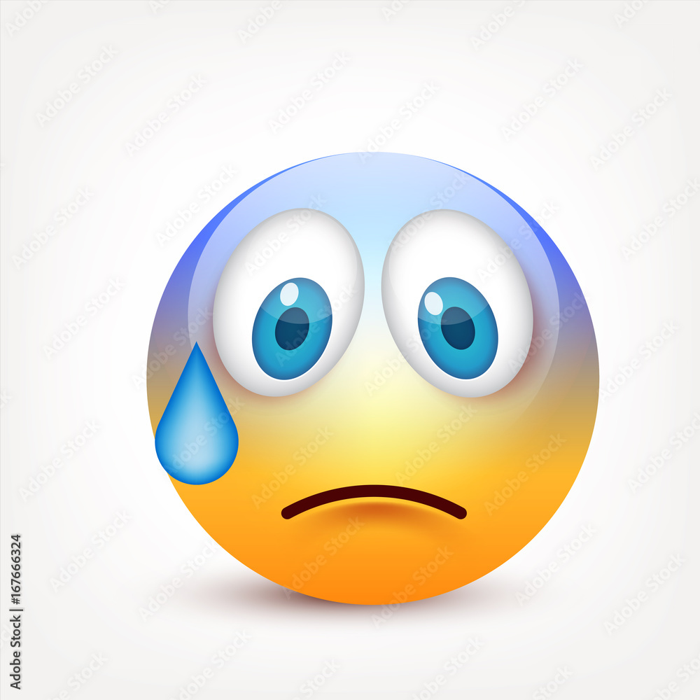 Smiley with blue eyes,emoticon. Yellow face with emotions. Facial expression. 3d realistic emoji. Sad,happy,angry faces.Funny cartoon character.Mood.Vector illustration.