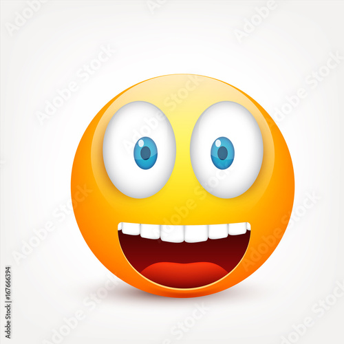 Smiley with blue eyes,emoticon. Yellow face with emotions. Facial expression. 3d realistic emoji. Sad,happy,angry faces.Funny cartoon character.Mood.Vector illustration.