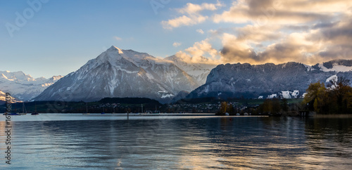 lake thun winter sunset photo
