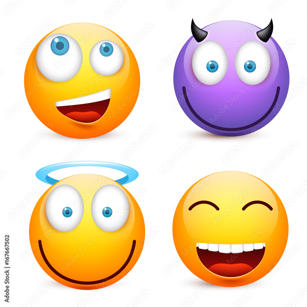 Naklejka premium Smiley with blue eyes,emoticon set. Yellow face with emotions. Facial expression. 3d realistic emoji. Sad,happy,angry faces.Funny cartoon character.Mood.Vector illustration.